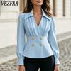 Damenmode, lässig, Frühling und Herbst, einfarbig, langärmelig, Polo-Ausschnitt, Blusen und Hemden