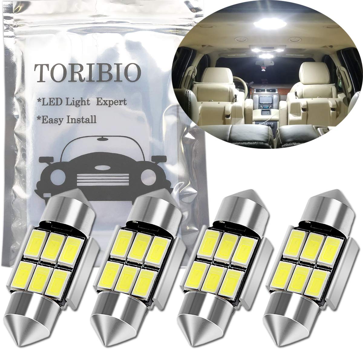 

TORIBIO 4pcs Non-polarized Car Lamp T10x31mm 6SMD LED Room Lamp Festoon 6418 C5W 1.25 31MM-White белый