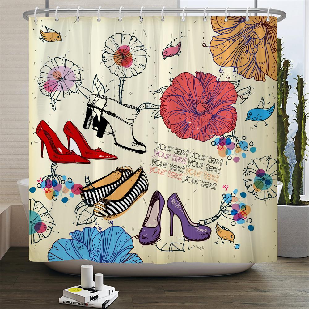 Sexy Red Lips Pink Print High Heel Shower Curtain Cosmetic Perfume Pink Girl Bedroom Decor Curtains Waterproof Bathroom Curtain