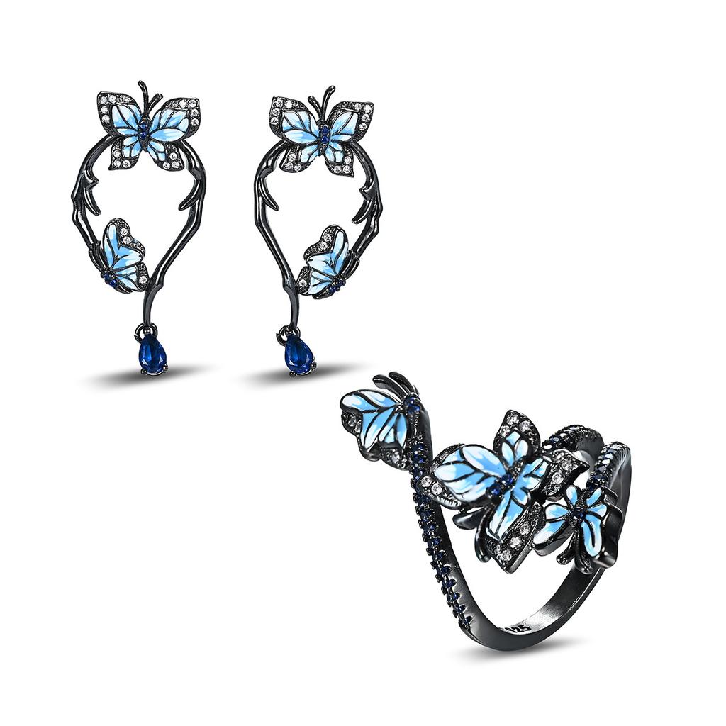 Three Butterflies Epoxy Black Gold Ring Creative Detachable Butterfly Stud Earrings Set For Women