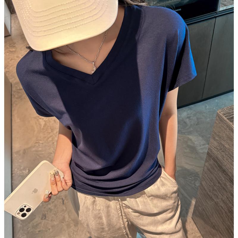Summer Korean bat sleeves loose lazy wind front shoulder short-sleeved T-shirt women's solid color V-neck versatile casual bottoming shirt
