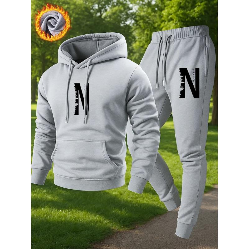 2026 N letter printed sportswear set men's hooded sweatshirt long pants set spring and autumn winter warm suit