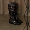 Cowhide~ British style pleated piled boots, women's knees are thin, big tube circumference leather boots, thick heel thick knight boots
