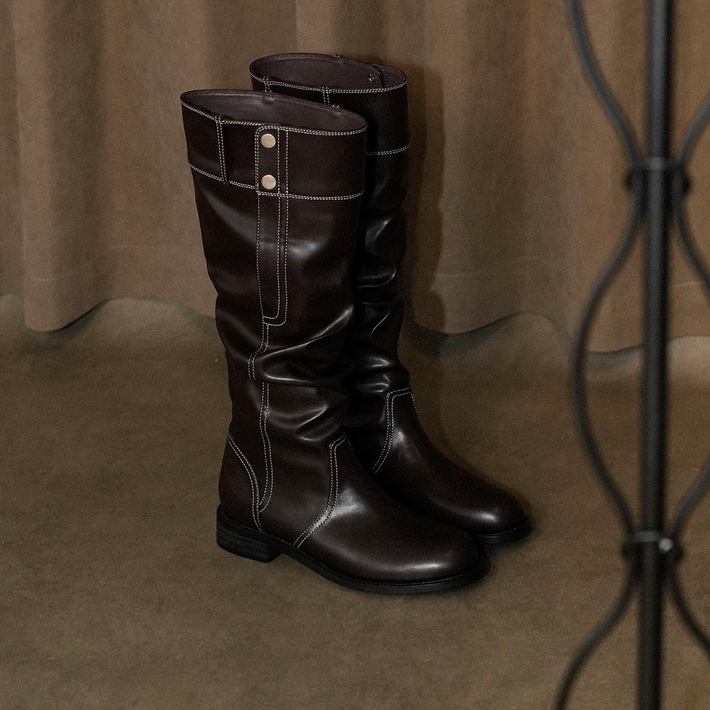Cowhide~ British style pleated piled boots, women's knees are thin, big tube circumference leather boots, thick heel thick knight boots