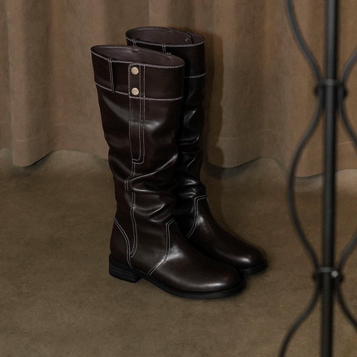 

Cowhide~ British style pleated piled boots, women s knees are thin, big tube circumference leather boots, thick heel thick knight boots 40