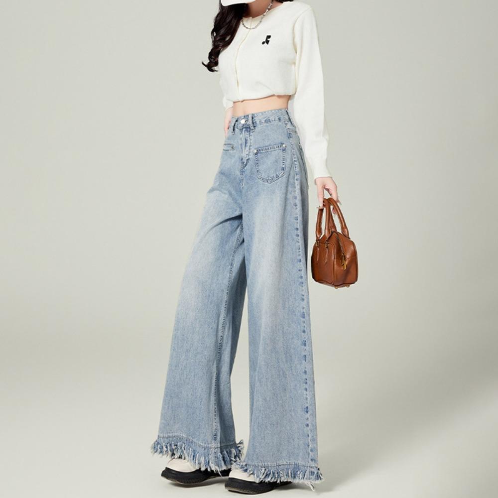 American High-waisted Wide-leg Jeans Women's Spring and Autumn New Rough Edge Design Loose Drape Floor-mopping Jeans