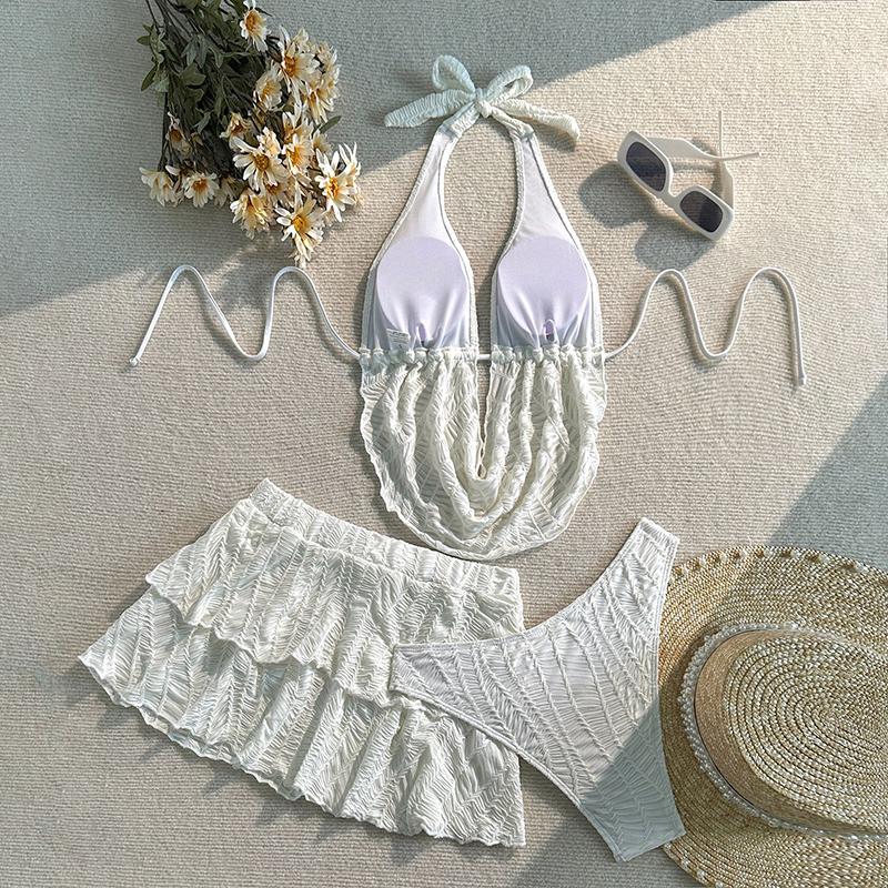 Fashion New Solid Color Split Swimsuit Women Halter Bikini Three-piece Seaside Beach Drawstring Swimsuit