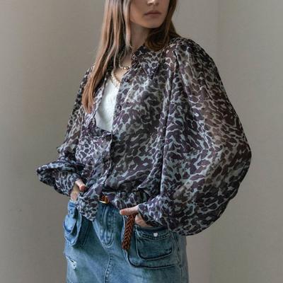 Leopard Chiffon Jacquard Volume Sleeve Blouse Zc10qb003on