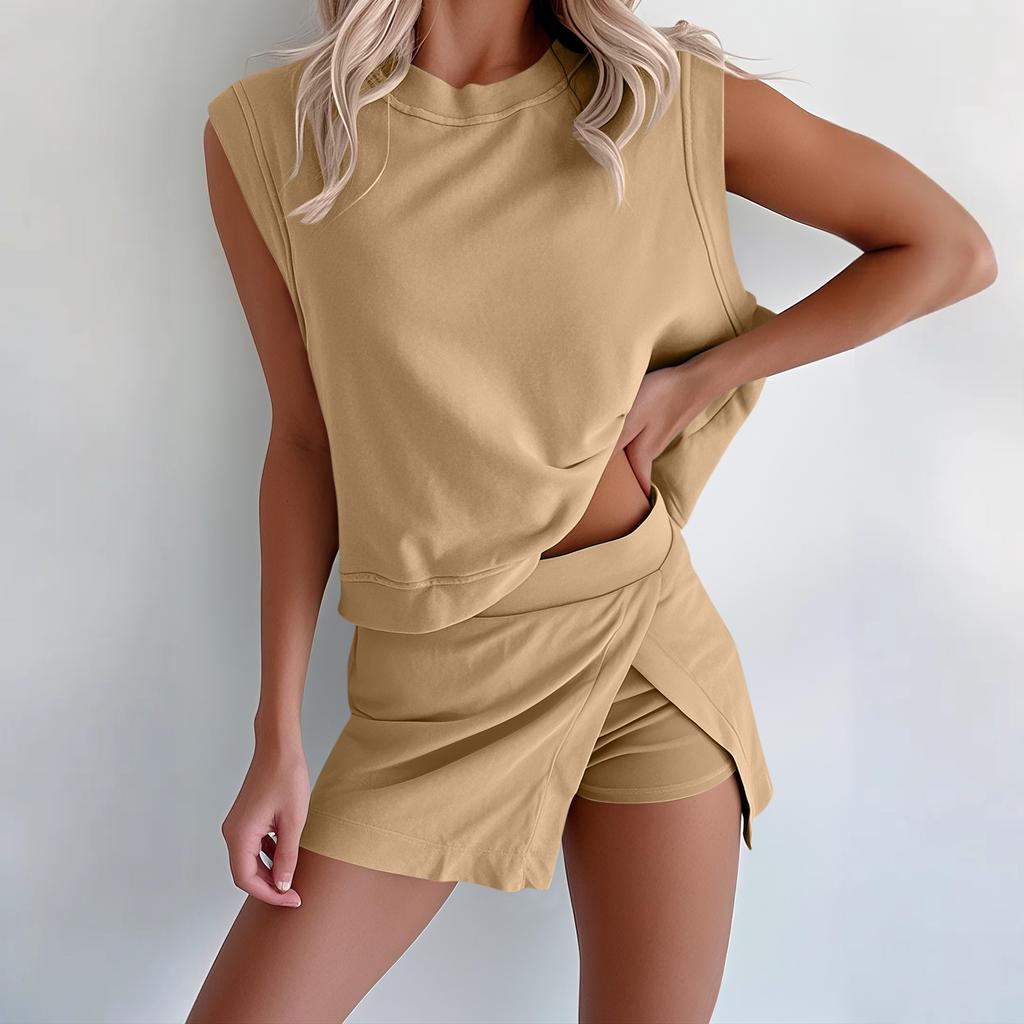 Women's Summer Loose Beach Vacation Leisure Round Neck Vest Elegant Shirt Sleeveless Shorts