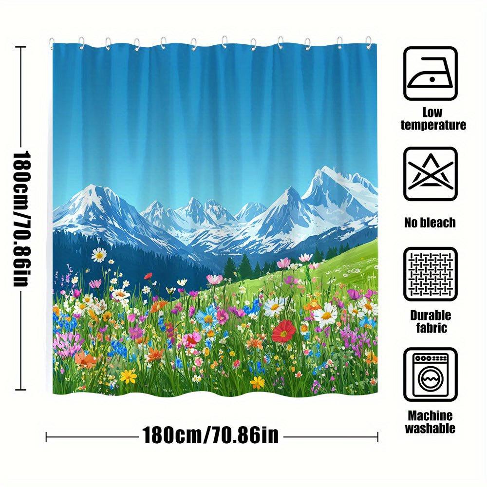 1Pc Vibrant Alpine Meadow & Snow-Capped Mountains Shower Curtain - Tranquil Mountain View Design With Wildflowers, Azure Sky