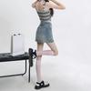 Jugendlich und schlank machende A-Linien-Hosenröcke Retro Hohe Taille Halbrock Doppel-Schnallen-Design Paket Hüftrock Damen Sommermode Denim Kurzer Rock