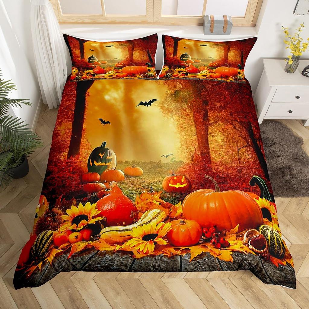 Fal Bedrom Decor Beding Set Twin Quen for Young Girls Women Autumn Harvest Theme Soft Duvet Cover Rustic Pumpkin Print Warm Comforter Cover