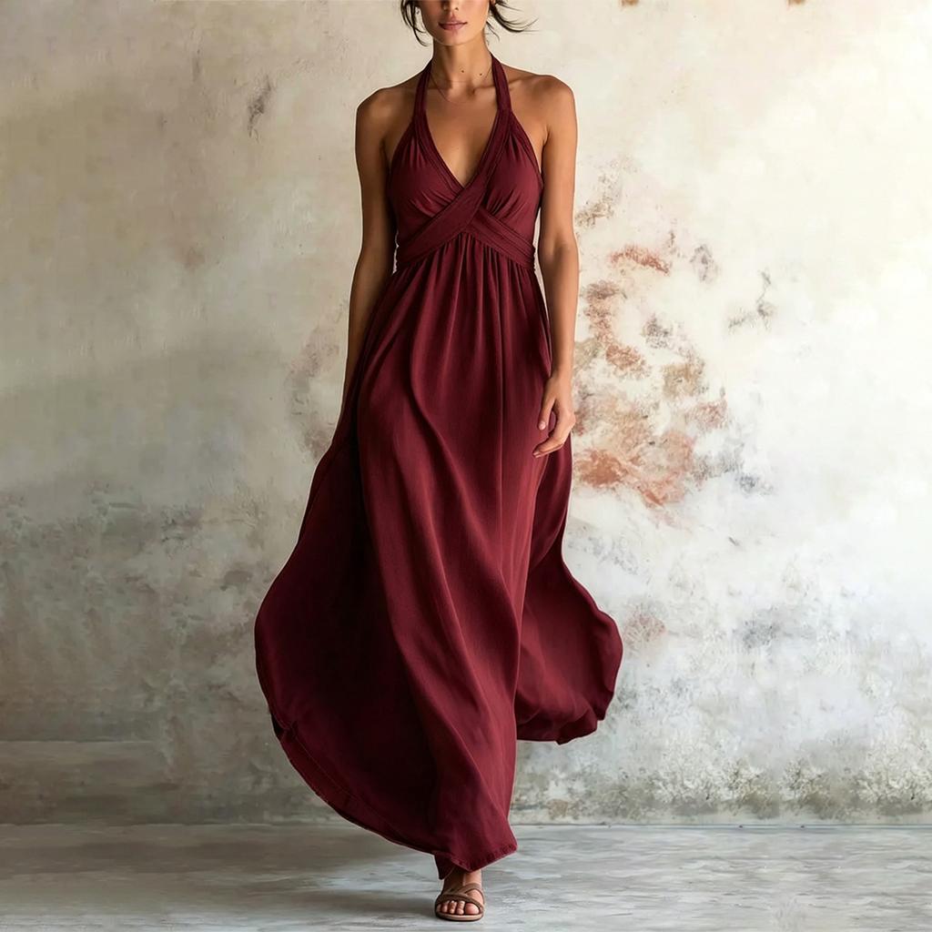 Women's Fashionable And Sexy  V Neck Hanging Neck Off Shoulder Sleeveless Casual Temperament Dress