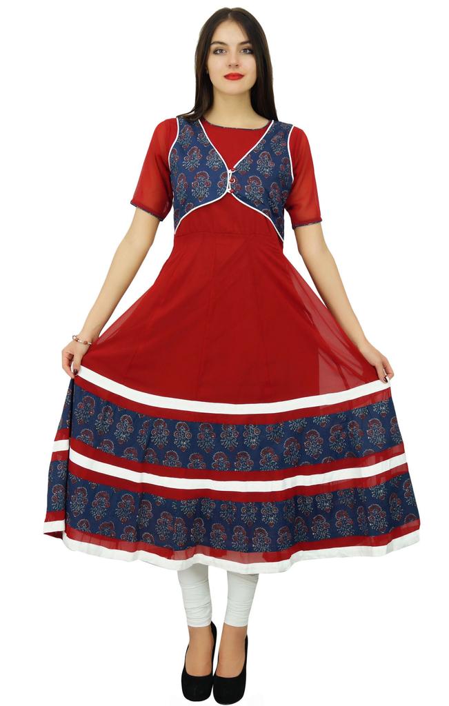 Bimba Women Long Georgette Printed Kurta Flaired Maroon Party Wear Kurti