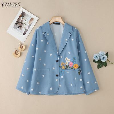 Women Casual Turn Down Collar Long Sleeve Loose Print Blouse