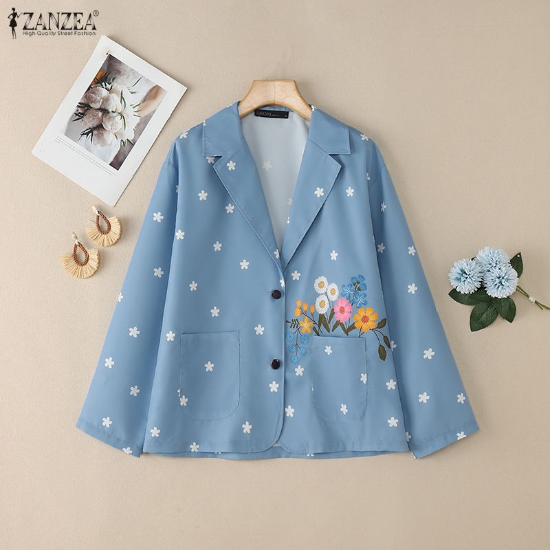 ZANZEA Bluză lejeră cu mânecă lungă, cu imprimeu liber, cu guler răsturnat