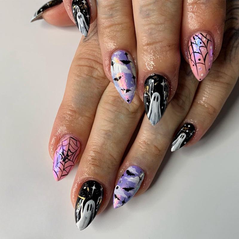 24 pcs Almond-Shaped Halloween Nail Tips with Spider Web and Bat Designs - High-End Wearable Nails