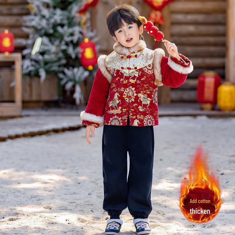 Girls' Winter Chinese Tang Suit Hanfu Set: Velvet, Thick, Trendy Two-Piece New Year Outfit