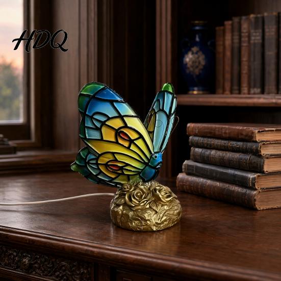Desk Lamp Warm Light Cute Bedside Table Lamp Butterfly Rose Nightstand Lamps Stained Glass Shape Wing Shade Bedroom Decor Home Decor Romantic Gift