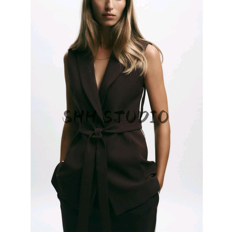 V-neck Sleeveless Long Vest 8741326 High Waist Contrast Color Thin Stripe Straight Trousers with Accessories 8742326