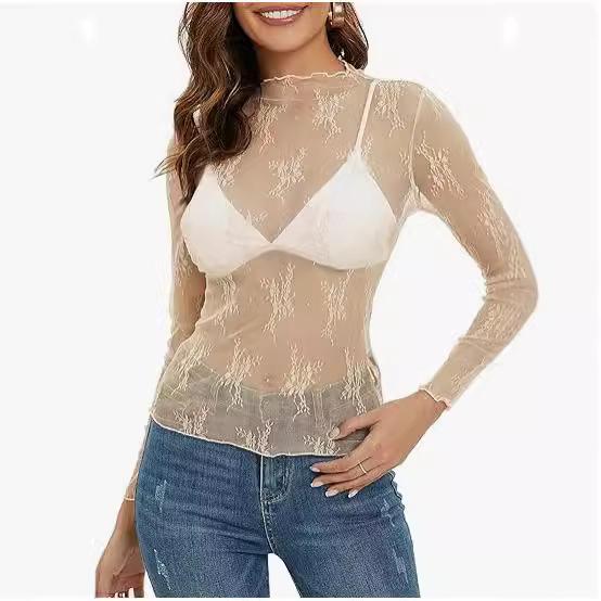 Women's Mesh Transparent Lace Layered Top Neck See-Through Shirt