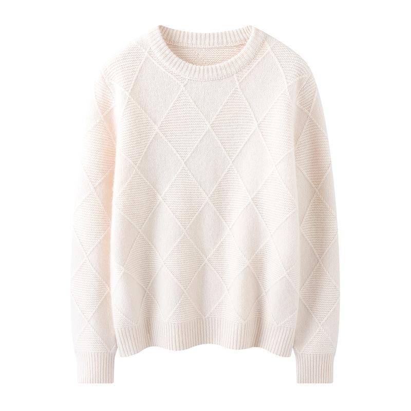 Autumn And Winter New Cashmere Sweater Women'S Round Neck Thickened Rhombus Jacquard Sweater Casual Knitted Cashmere Bottoming Shirt Top