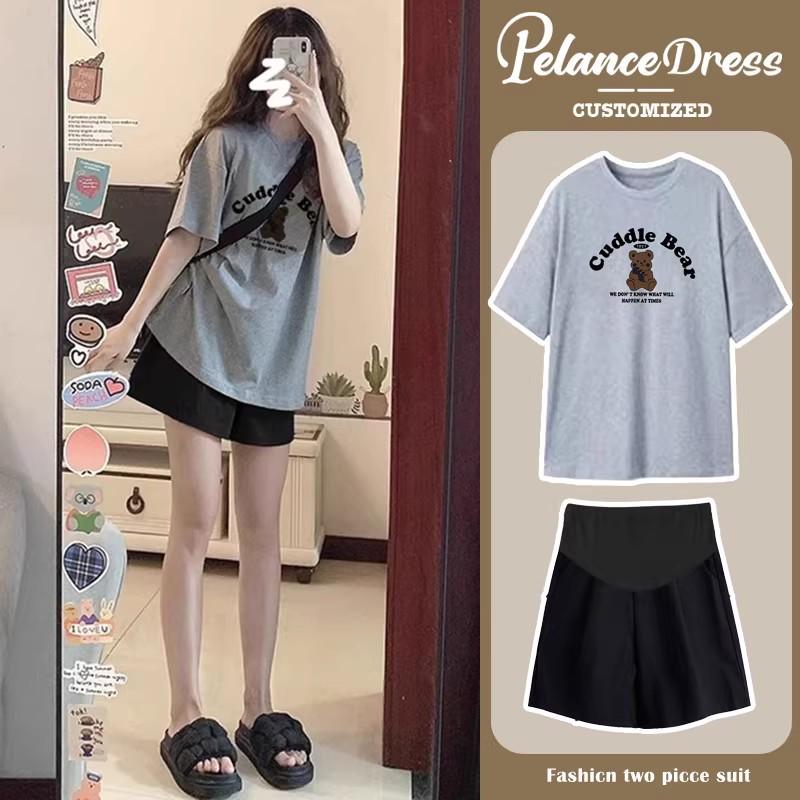 Summer Maternity Light Gray Cotton T-Shirt & Shorts Set - Korean Style, Casual, Loose Fit, Short Sleeve Two-Piece