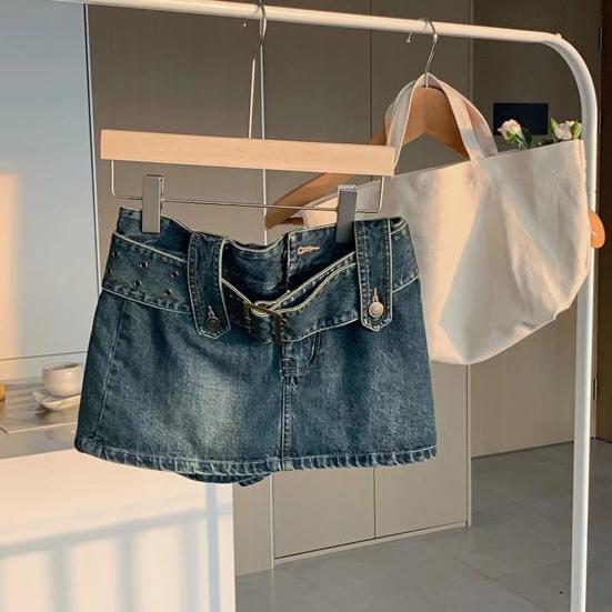 Women High Waist Slim Fit Denim Skort with Belt Solid Color Pockets Ultra-mini Skirt Fashion Accessories