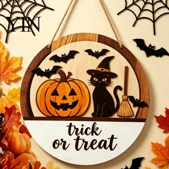 Halloween Door Sign Layered Round Hanger, 3D Pumpkin Ghost Owl Wood Welcome Sign, Handmade Farmhouse Front Wall Hanging Decor for Home Store