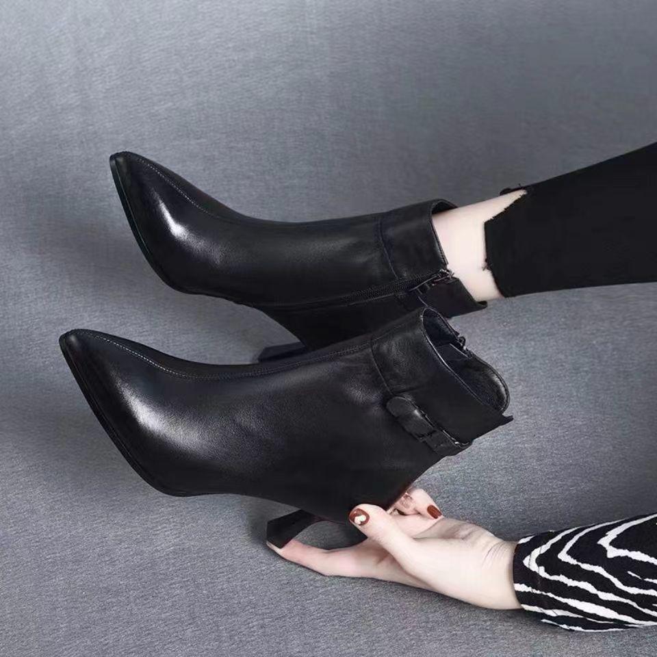 Dámské kotníkové boty na vysokém podpatku z pravé kůže, podzimní zimní plyšové, měkká podrážka protiskluzová jehla, špičatá špička módní.