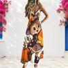 Women Plus Size V Neck Strappy Sleeveless A Line Long Halloween Pumpkin Printed Dress