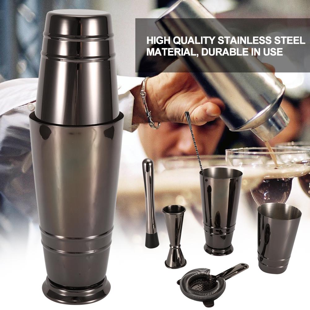 5Pcs/Set Black Stainless Steel Boston Cocktail Shaker Measuring Cup Strainer Mixing Spoon Set