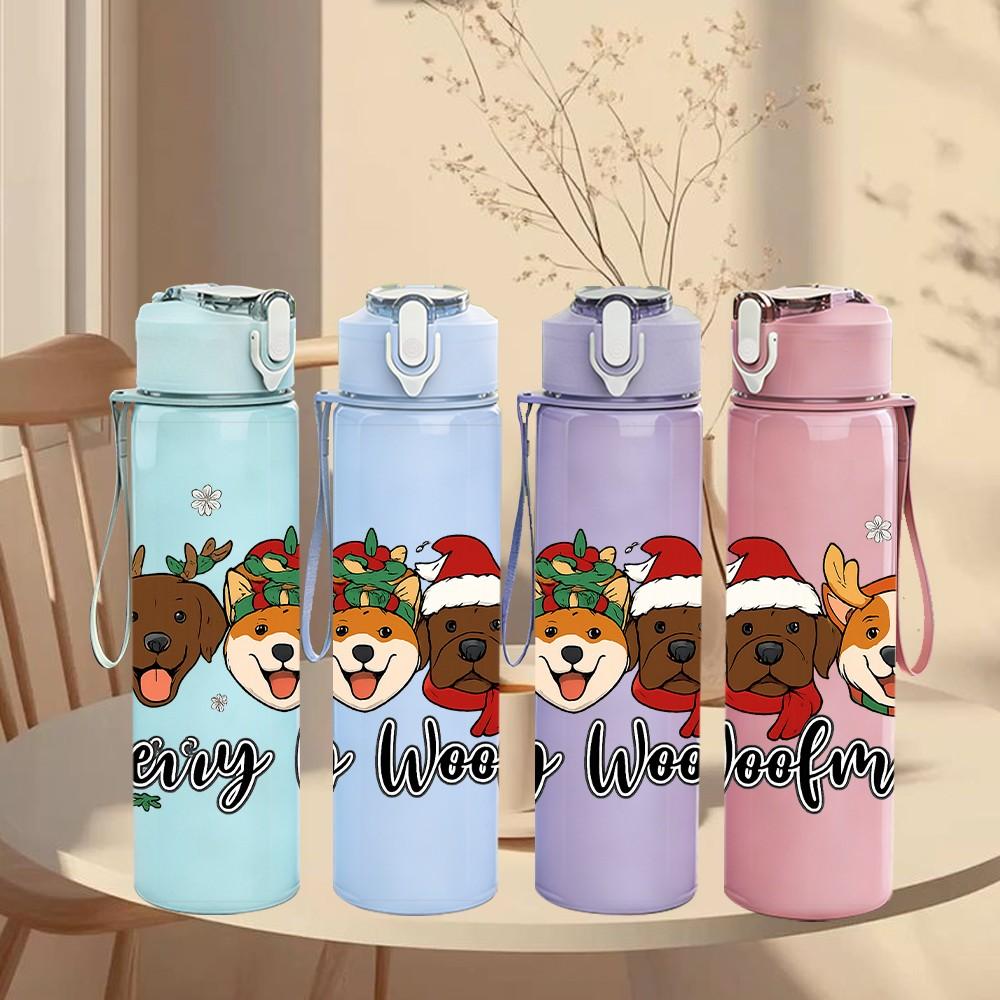 1PC Santa Dog Christmas Group Print 750ml Color Plastic Sports Water Bottle Leakproof Flip Straw Lid Suitable for Sports Office Home Use