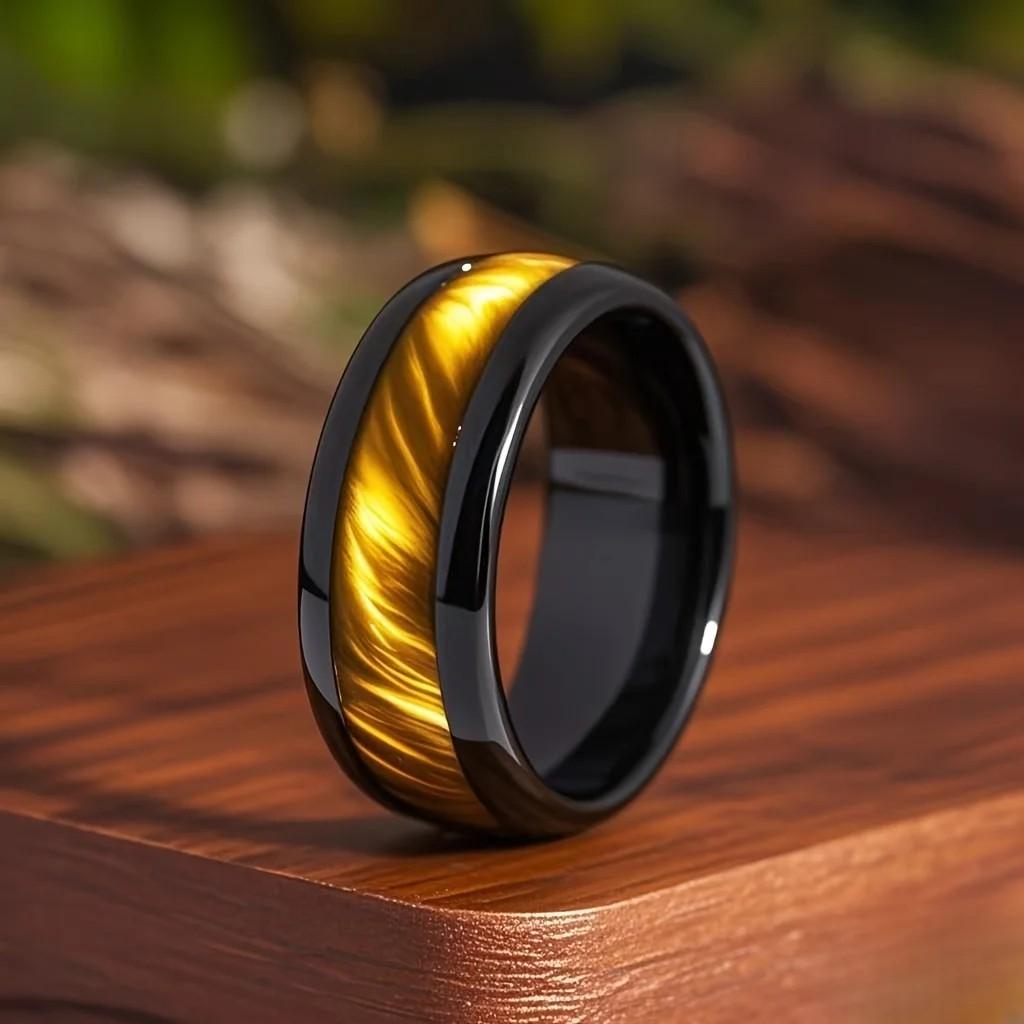 With Brown Tiger'S Eye Wood Inlay Rings Fashion 8mm Black Men Stainless Steel Ring for Men Women Wedding Jewelry Drop Shipping
