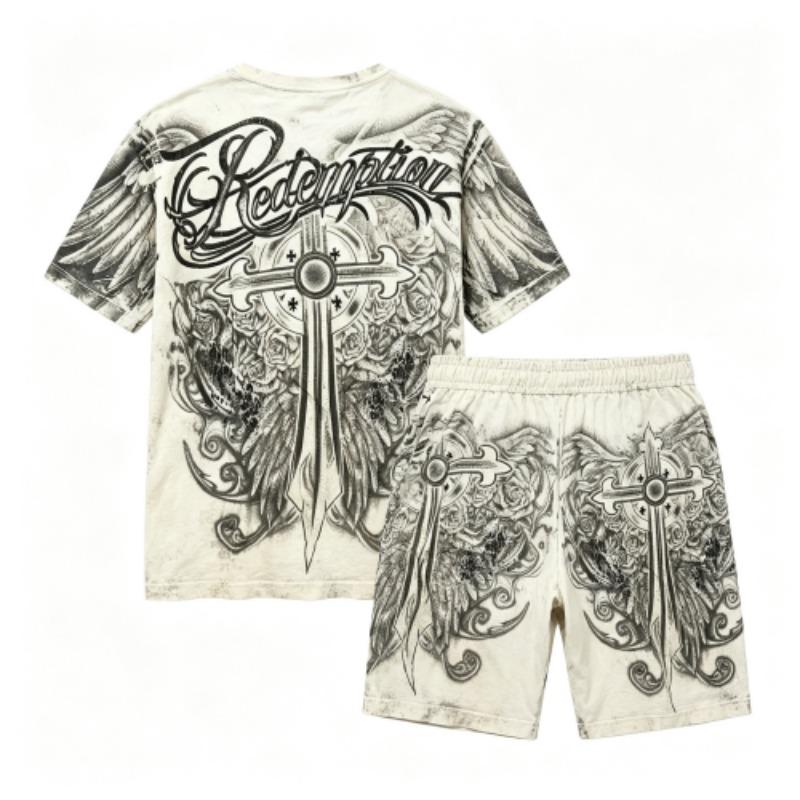 Sommer Gotischer Stil Kreuzschwert Aufdruck Rundhals Kurzarm T-Shirt und Shorts Set Herren und Damen T-Shirt Shorts Set