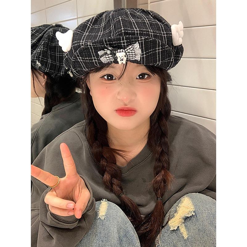 Japanese Cute Plaid Little Bear Wings Cloud Beret Women's Versatile Face Show Small Octagonal Hat Flip Brimmed Painter