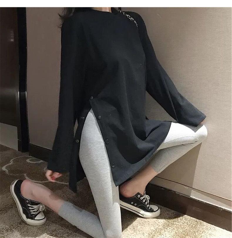 Trendy Plus Size Mid-Length Korean Women's Long-Sleeve T-Shirt with Split Hem