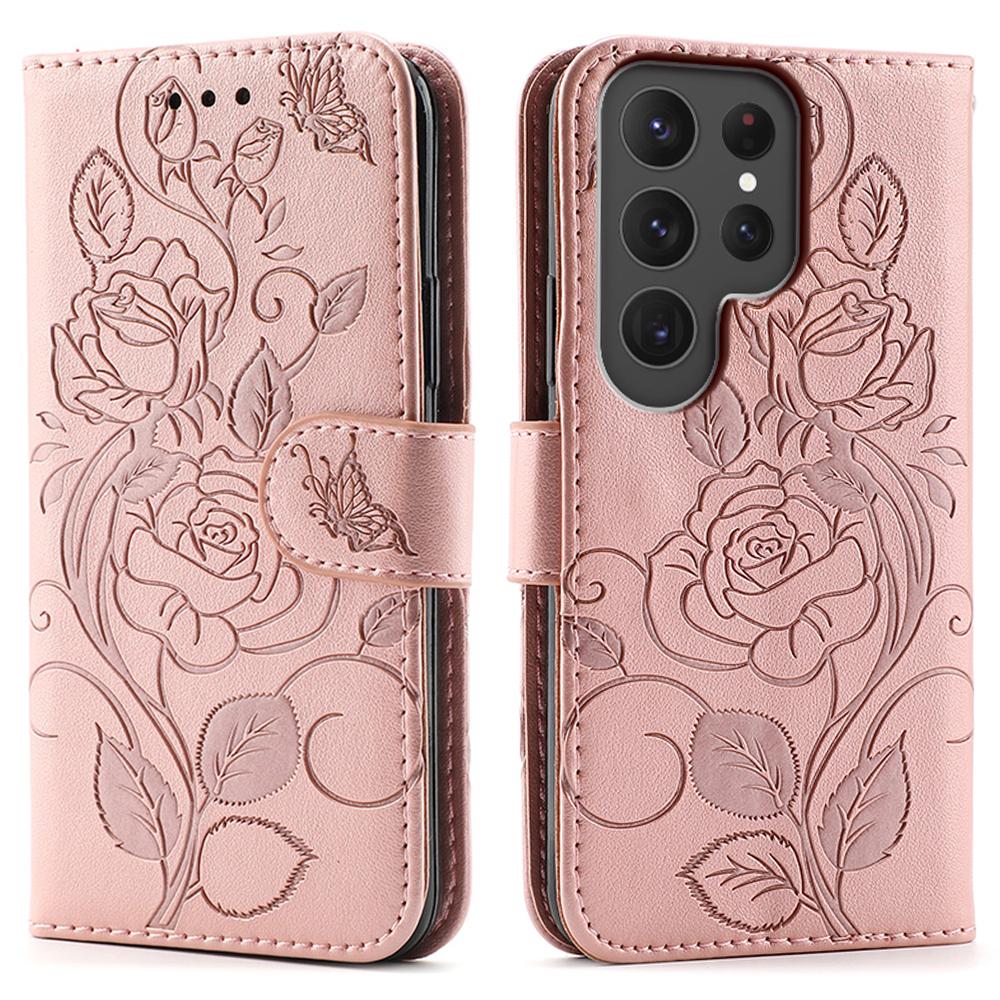 

Для Samsung Galaxy S23 Ultra Чохол Гаманець Підставка З Тисненням Роза Метелик Шкірзамінник PU Чохол для Телефону Rose Gold