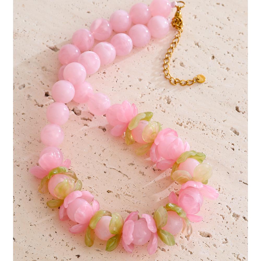 Yhpup New Handmade Jewelry Spring Color Resin Acrylic Flower Round Beads Chain Sweet Necklace Waterproof Fashion Accessories
