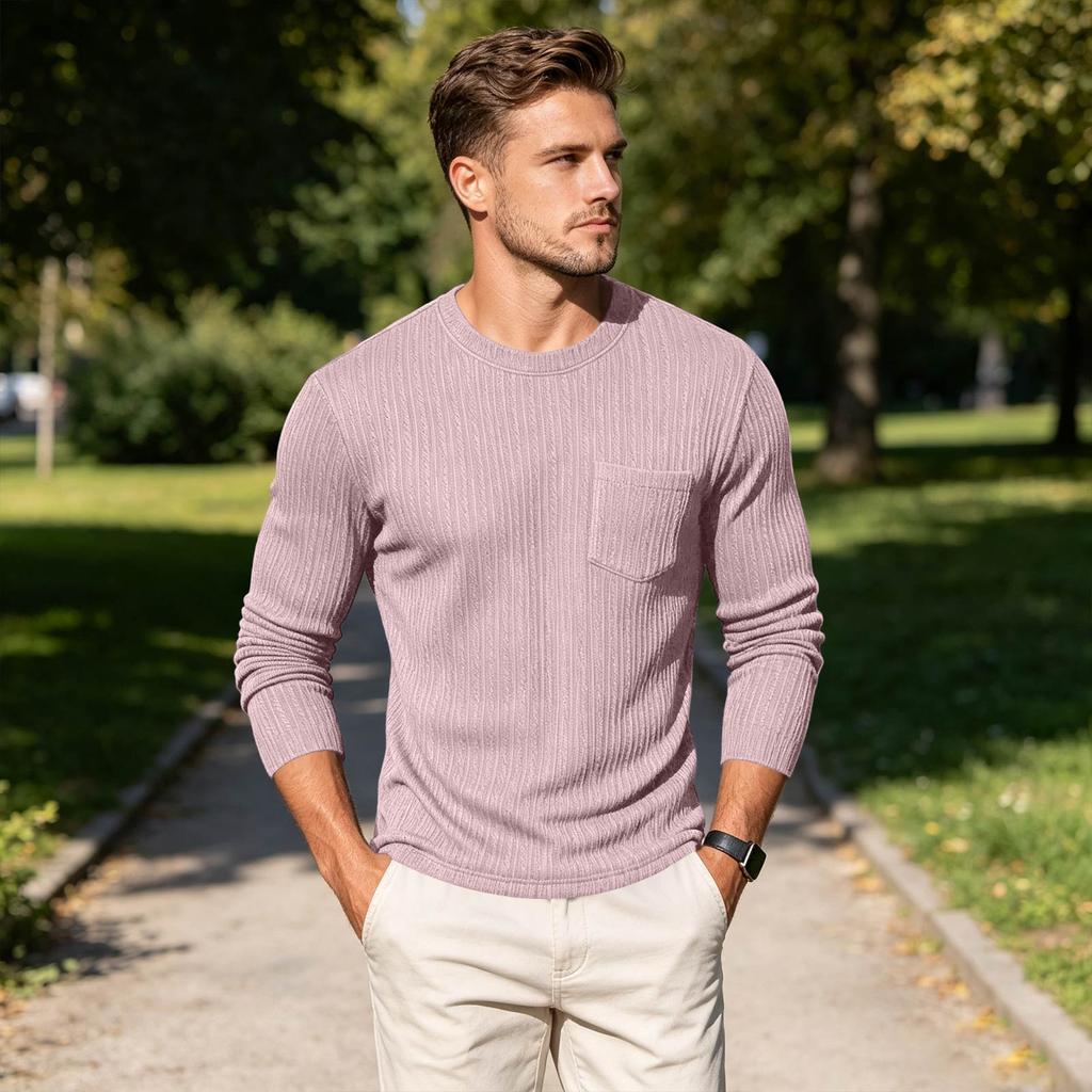 Men's Round Neck Casual Color Knit Base Layer Shirt with Pocket for Everyday Layering