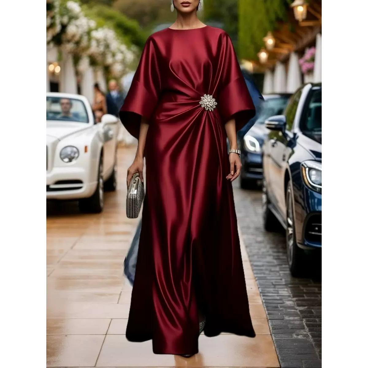 

Elegant Commuter Design Sense Satin Long Dress for Women with Pearl Flower Decoration High Waist Irregular Skirt 3XL червоний