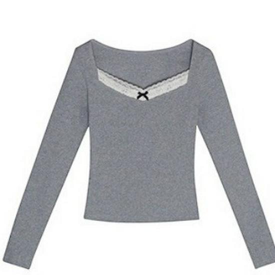 Gray Lace-Stitched Long Sleeve Top: 2024 Spring/Autumn Niche Women's Shirt
