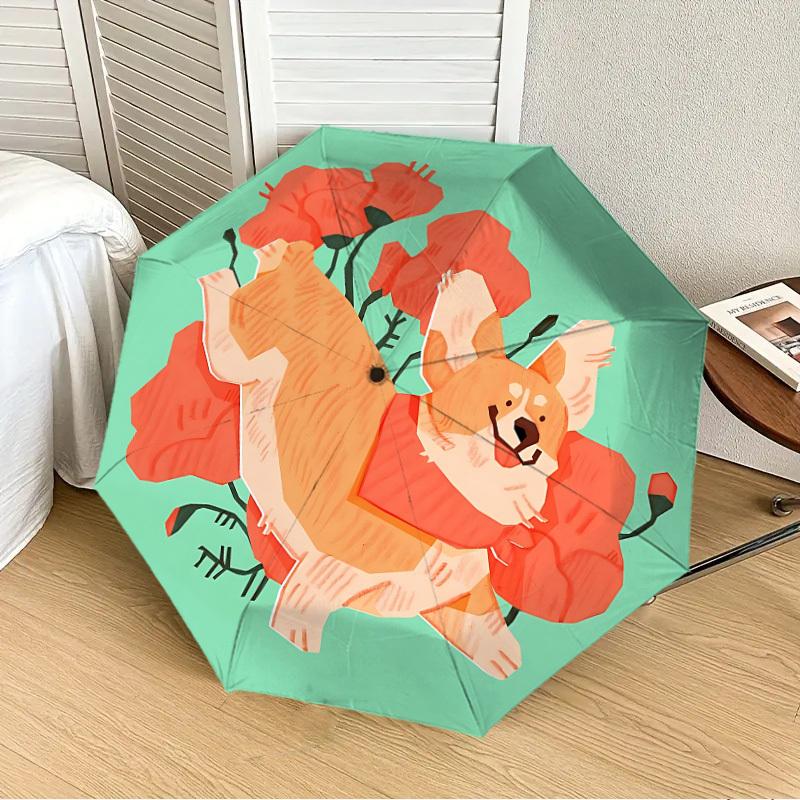 1pc Corgi, Flowers Automatic Folding Umbrella - Portable Collapsible Design, 8-Rib Iron Frame, Casual Outdoor Accessory Yy251215211