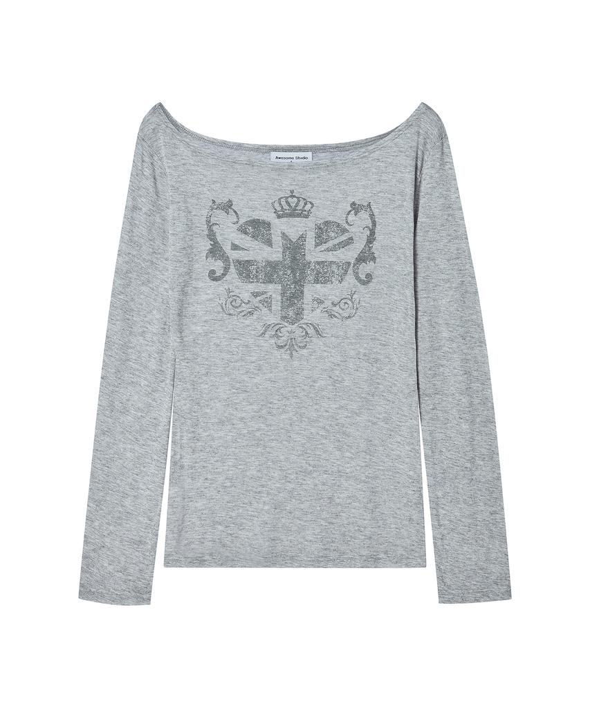 AWESOME STUDIO See-Through Union Jack Long Sleeve T-Shirt Melange Grey
