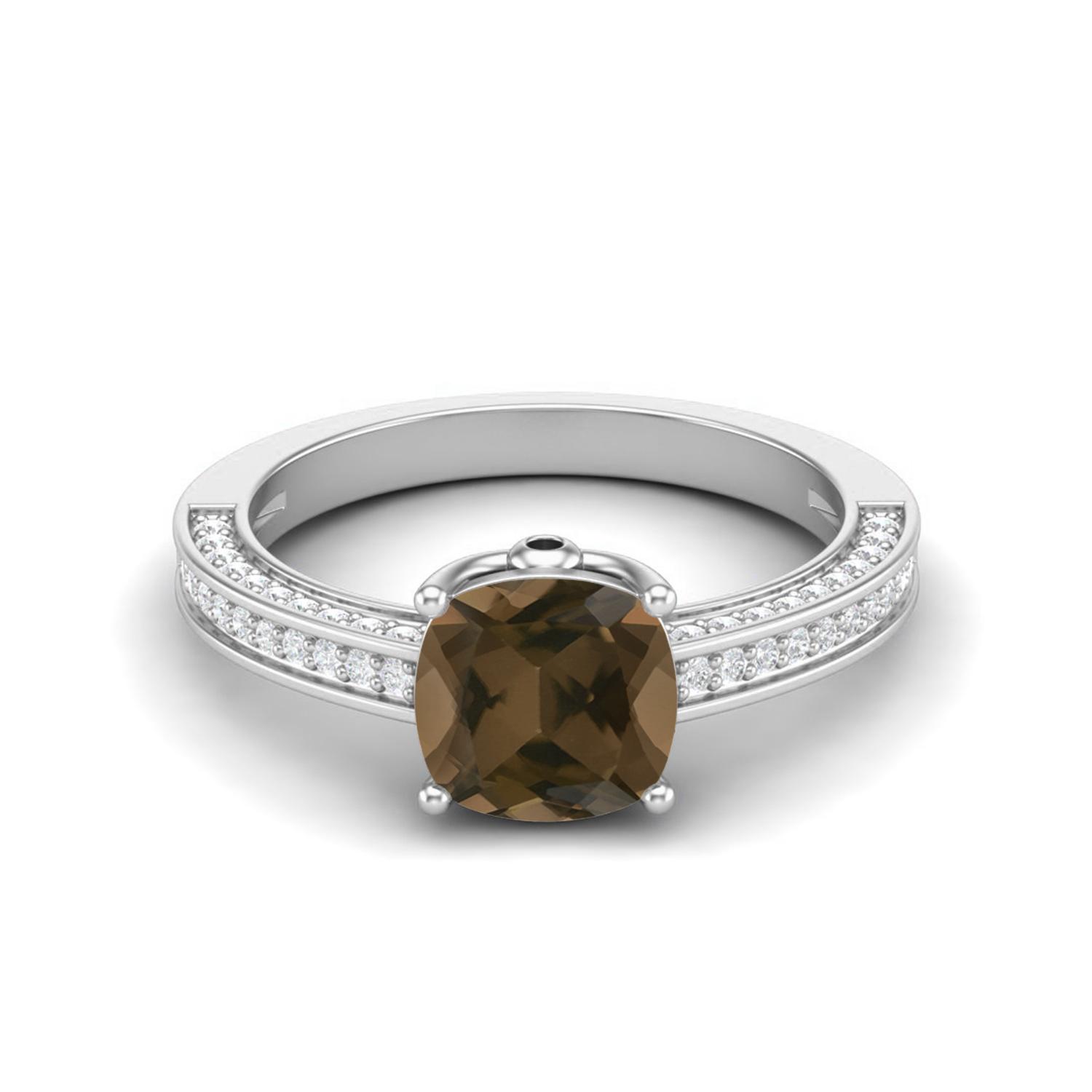 7mm Cushion Shape Smoky Quartz 925 Sterling Silver Solitaire Women Engagement Ring 6