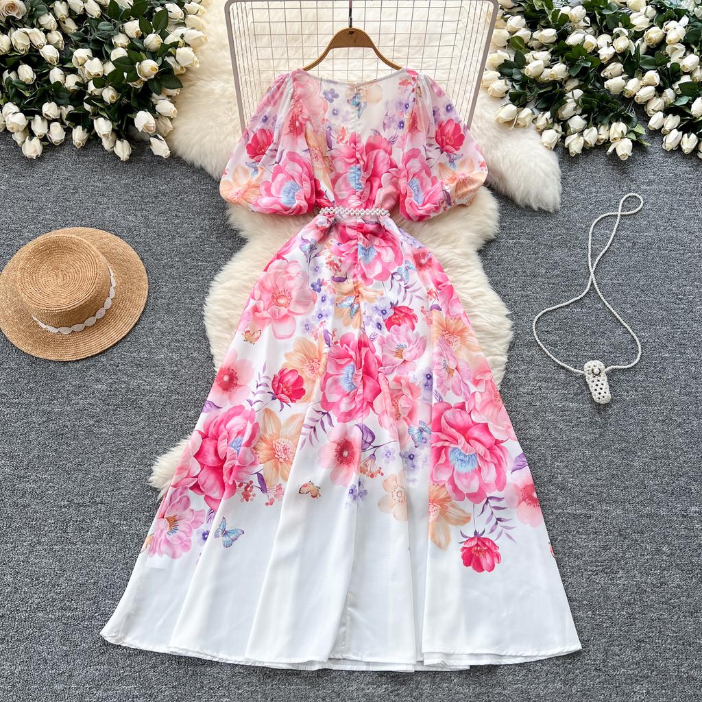Summer Women V-neck Half Sleeve Print Long Maxi Holiday Beach Dresses with Belt