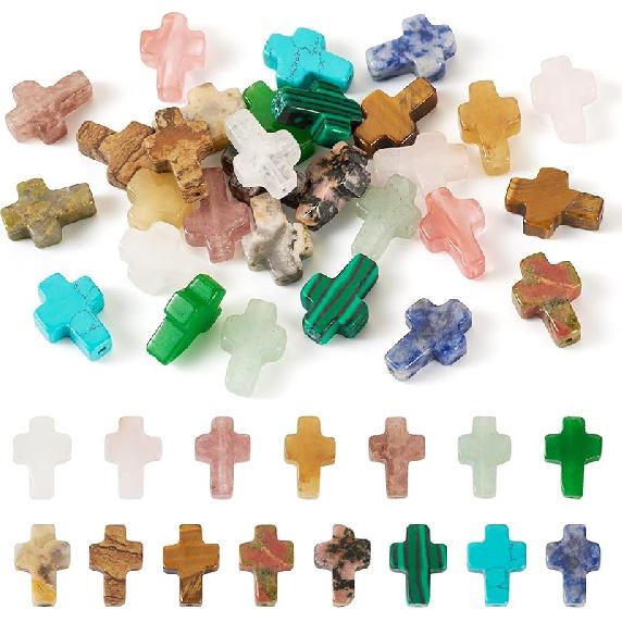 30 Pcs Gemstone Cross Beads Small Cross Crystal Stone Beads Turquoise Cross Beads Small Cross Crucifix Charms for Easter Holiday Bracelet Necklace