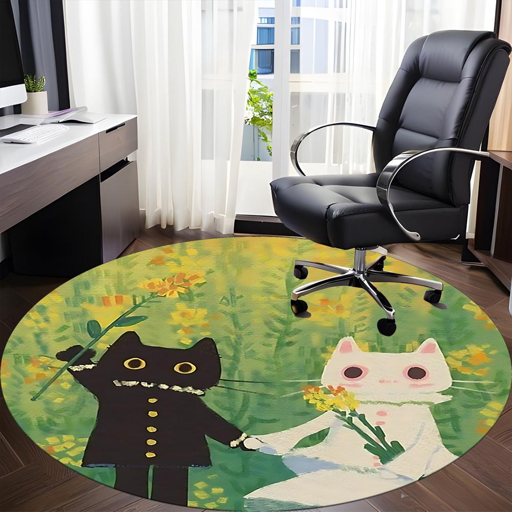 1PC Cat Wedding Office Round Area Rug, Mat Suitable ForOffice, Under Office Chairs Bedroom Living Room Home Decor, Room Deco