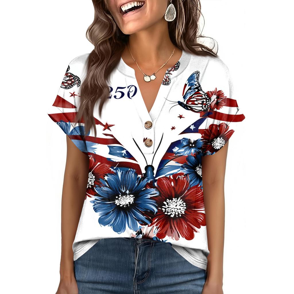Women's Fashionable Casual Loose-Fit Short-Sleeved Button-Up V-Neck Printed T-Shirt Top