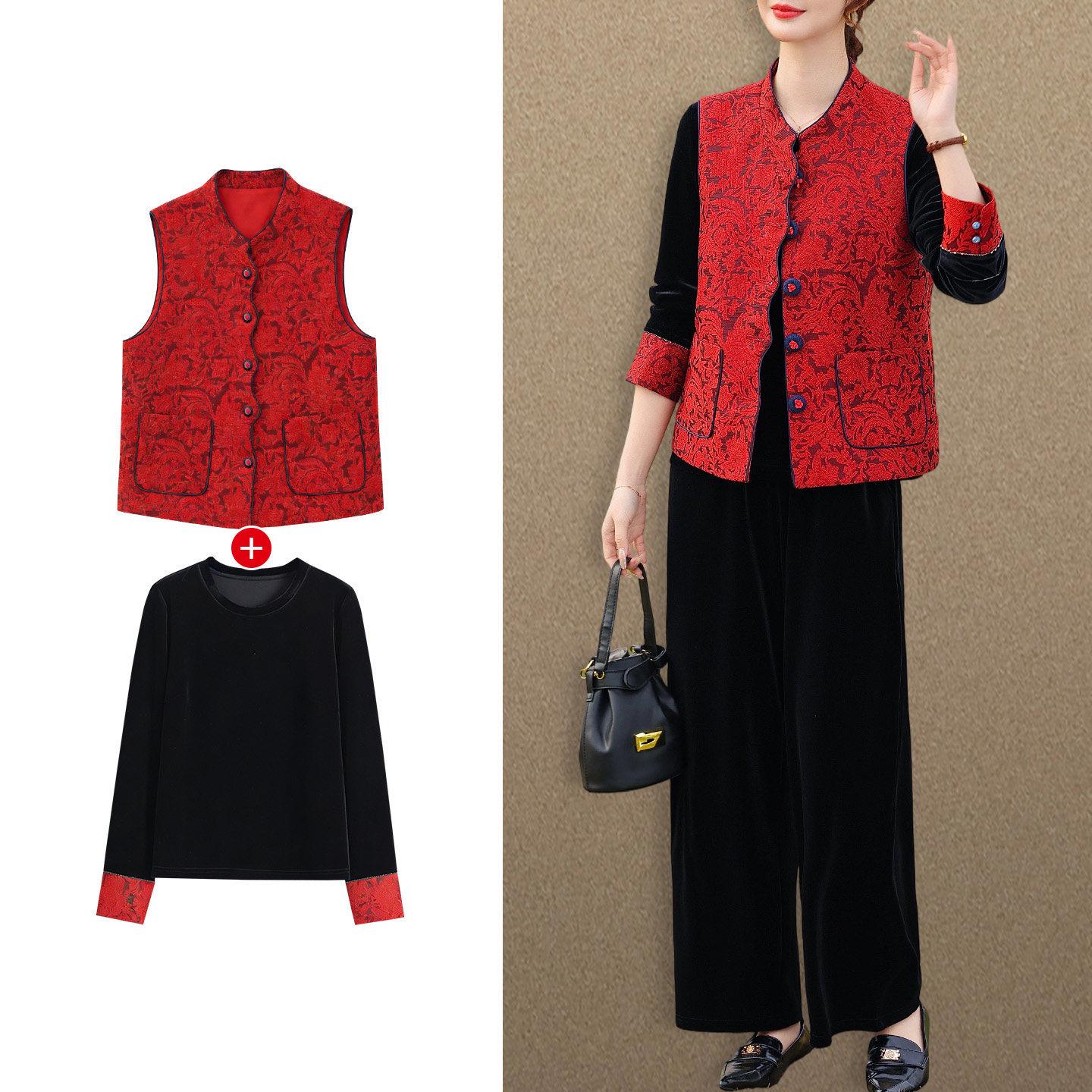 

Spring Velvet Suit for Mother of the Bride - Chinese Style, Middle-Aged & Elderly Women s Spring/Autumn Attire L (Recommended below 105 jin)